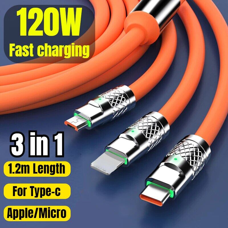 【Ready Stock+FREE Shipping+COD】120W 3 in 1 SuperCharging Cable Micro USB Type-C Fast Charger Micro USB Type-C Data Cable For iPhone 14 13 Samsung Xiaomi Huawei